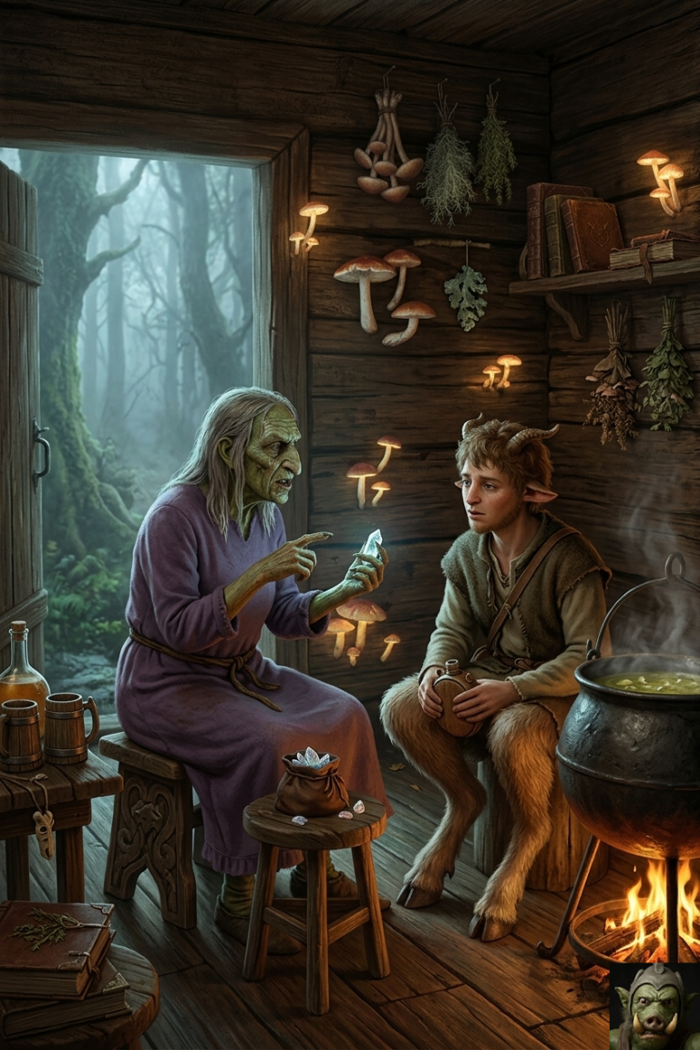 Fantasy art depiction of a witch stirring a crowded cauldron surrounded by a multitude of sentient mushroom gnomes, some of which are arguing about Singing Spores via speech bubbles, while ghosts float above the pot.