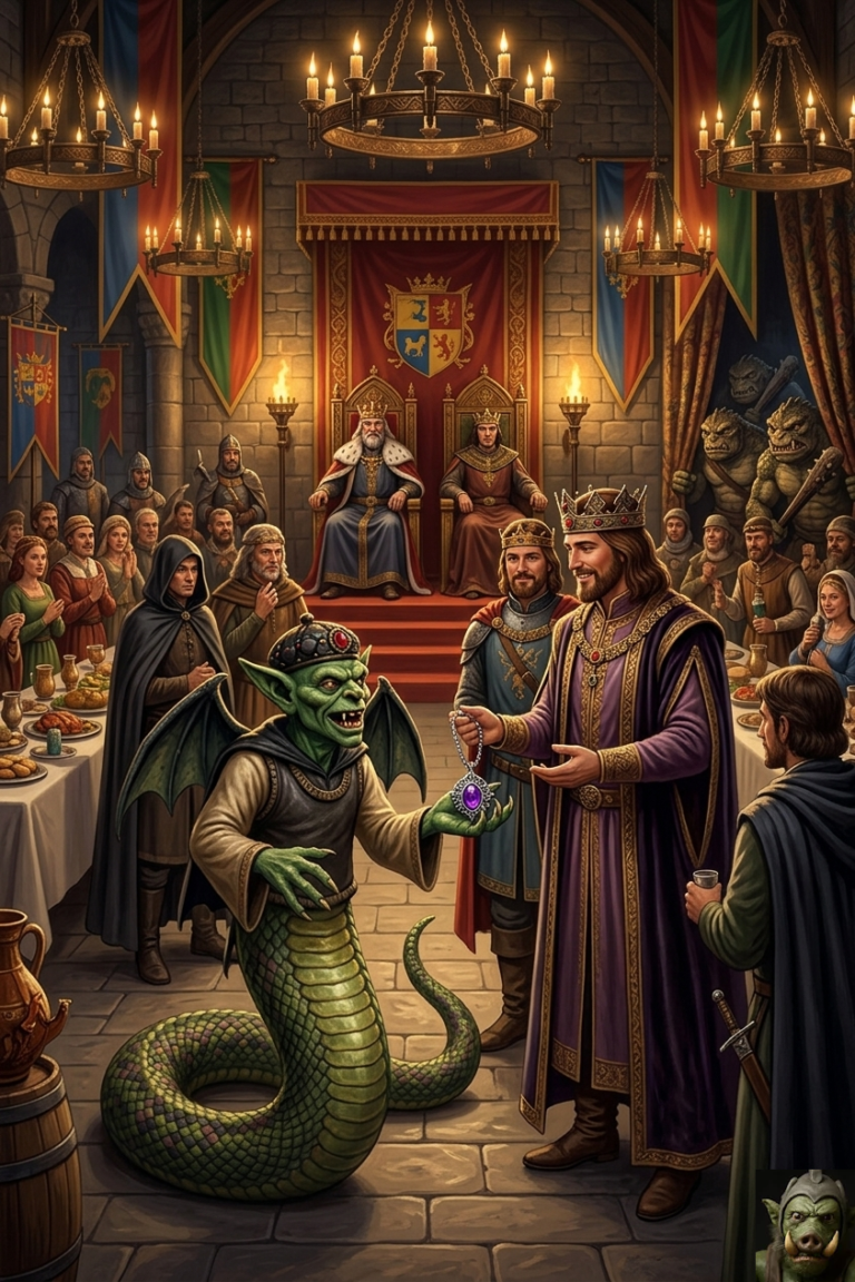 An illustration inside a grand, candlelit medieval great hall with tables full of guests. Seated on a raised dais are King Korbus and an older king. Standing in the foreground, King Leinad, in ornate purple robes and crown, is accepting a purple amulet on a chain from a disguised Atrox, who has a human-like upper body but a large coiled serpent tail and small bat wings. Guards and nobles watch the event.
