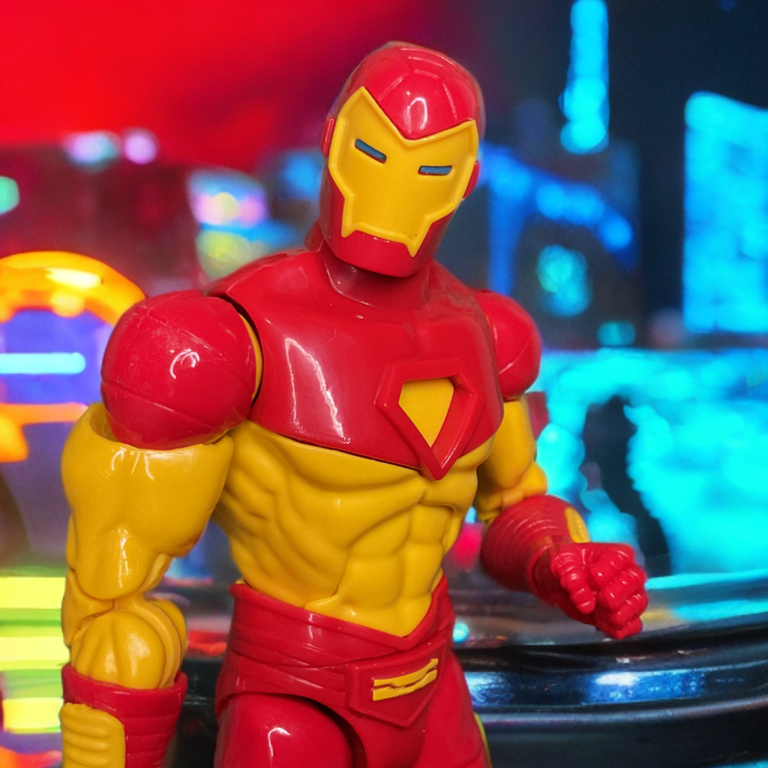 Close-up of Marvel Legends Retro Deluxe Iron Man figure highlighting the square arc reactor and red-gold Modular Armor design from the 1994 cartoon.