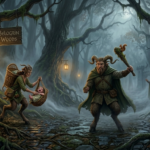 A fantasy forest scene at night with thick mist. A female faun pushes a baby faun in a hanging wicker cradle. A large, muscular male faun with massive horns stands nearby holding a wooden club. A wooden sign hangs from a mossy tree reading 'Belogrin Woods.'