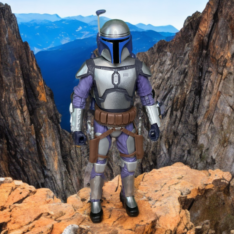 Jango Fett in dynamic action pose with jetpack attached ready for flight.