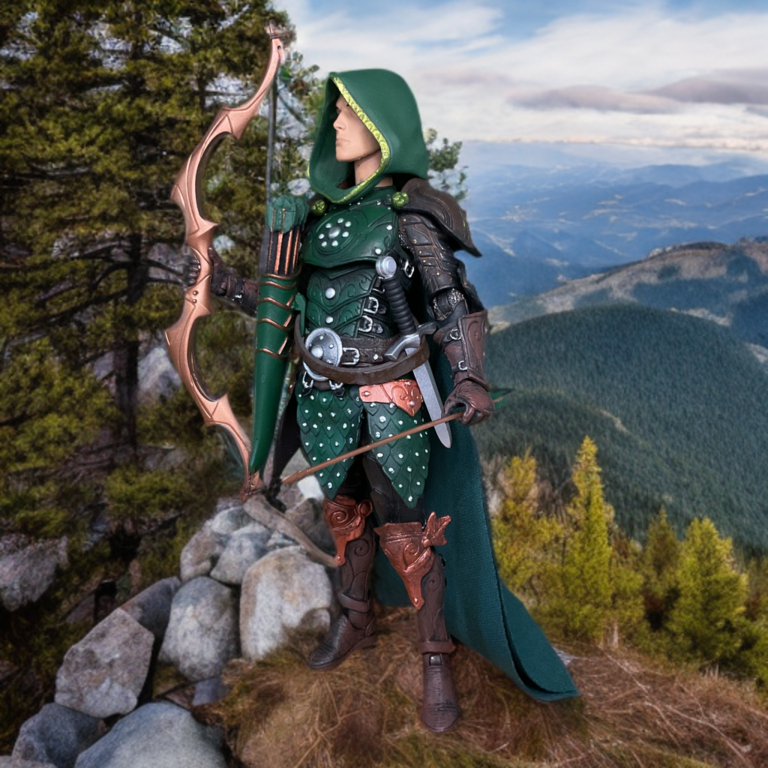 Side view of Mythic Legions Elf Ranger action figure with green cape and ranger accessories.