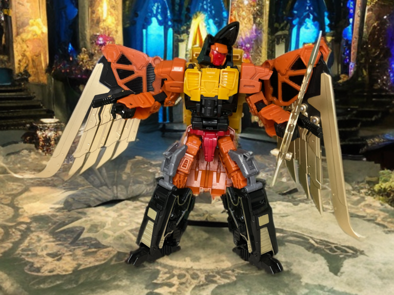 Jinbao Oversized Predaking with Divebomb wings fully extended as backpack flight pack.