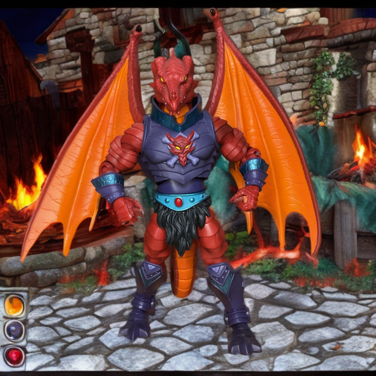 Figurine Draego-Man Masters of the Universe Classics vue de face montrant l'armure rouge à écailles et les caractéristiques du dragon.
