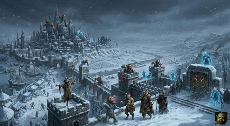 A cold, blue-toned fantasy scene showing a frozen, ruined city under a blizzard. Terrifying blue ghouls with red tongues crawl over snow-covered stone walls as a small group of adventurers journeys through the foreground.