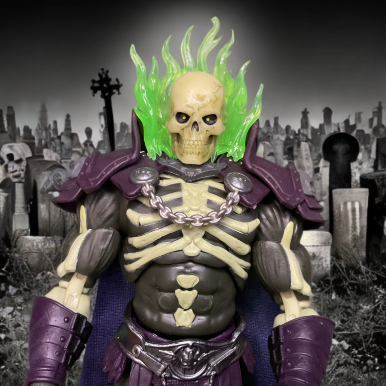 Close-up of removable translucent green flame collar on Scare Glow Masters of the Universe Chronicles figure.