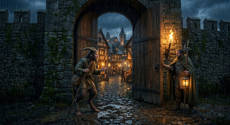In the rain-lashed southern hills of Aldaren a faun looks to enter the gates.