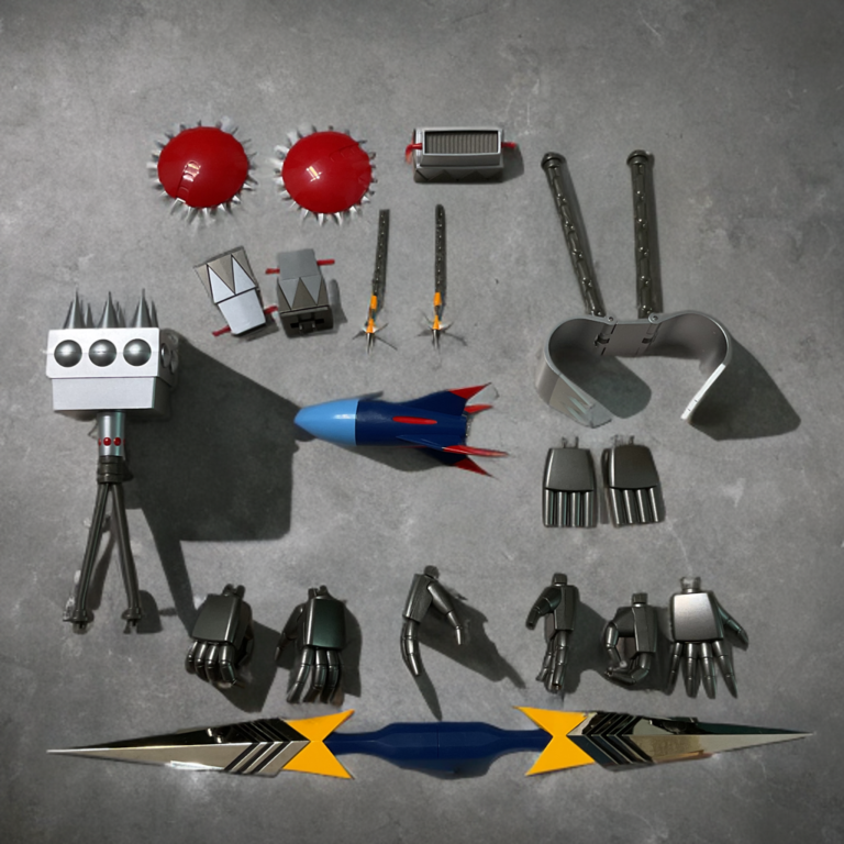 Bandai DX Soul of Chogokin Combattler V complete accessories layout with Super Electromagnetic Yo-Yos, Magnet Laser, Dos Pressure Cutters, Tank Cannons, Anchor Knuckles and interchangeable hands on Fantasy Action Figures.