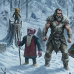 A cinematic scene featuring a muscular barbarian man in fur armor and a short, purple-skinned wizard with a long white beard standing on a snowy ridge. They are looking down at a frozen clearing where two crowns are encased in ice. Ghostly, screaming faces are visible within the surrounding frozen trees and mist.