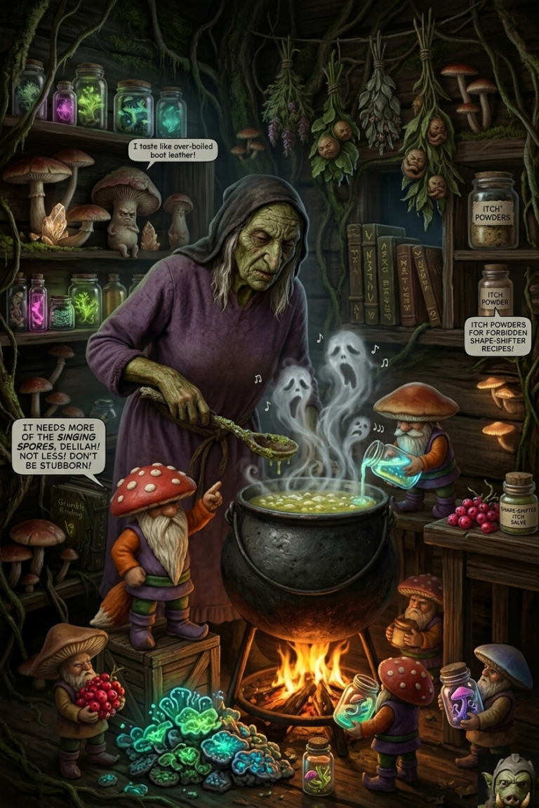 Fantasy illustration showing a close-up detail of a witch’s hut, with shelves of potions, a bubbling cauldron, and a window looking out into a misty forest toward a stone ruin. A detailed map with a glowing path is visible, and small Agaric Folke hide in the background.