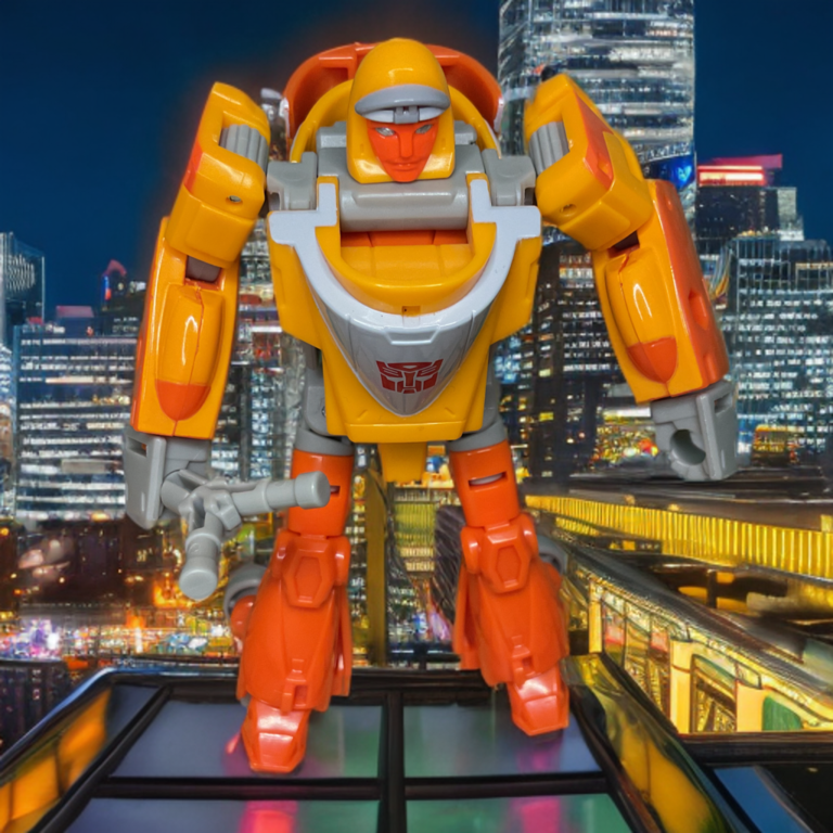 Autobot Wheelie holding his iconic slingshot weapon.