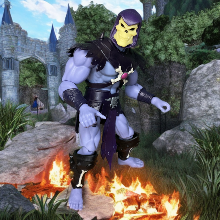 High-angle view of Skeletor action figure looking menacingly at the camera.