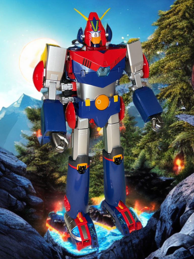Bandai DX Soul of Chogokin Combattler V fully assembled front view.