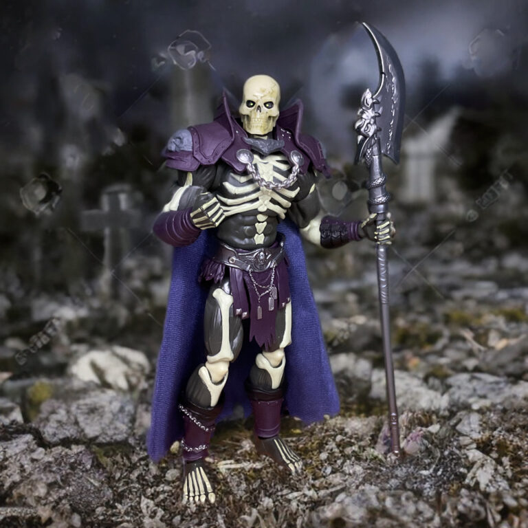 Masters of the Universe Chronicles Scare Glow action figure posed dynamically with curved Scythe of Doom accessory.