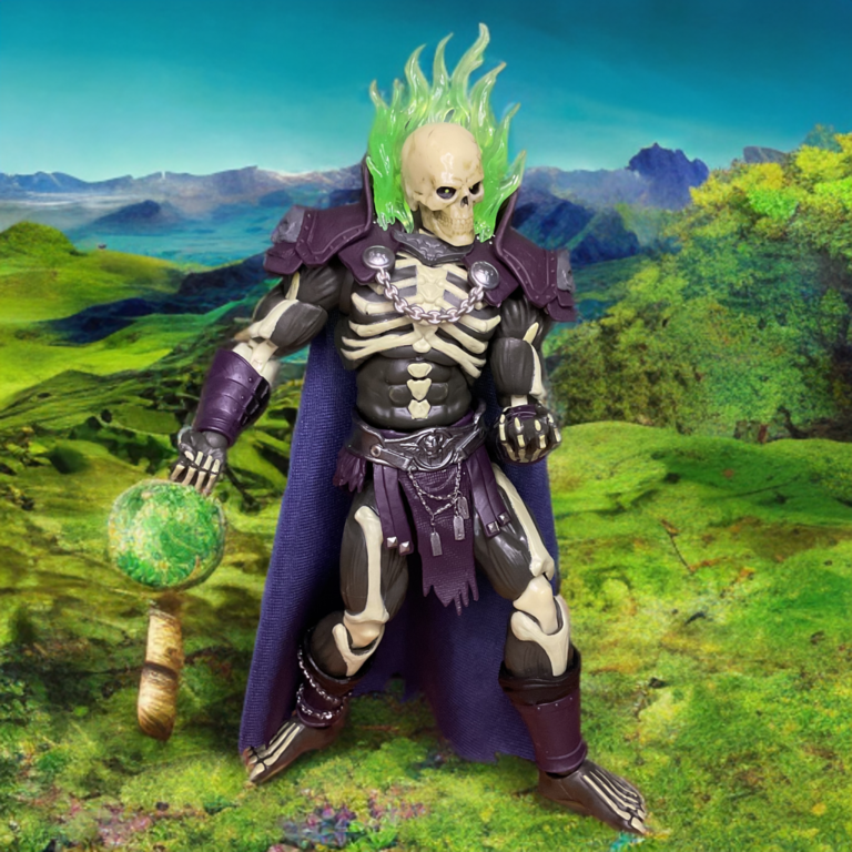 Purple cape and leather-like straps on Masters of the Universe Chronicles Scare Glow figure.