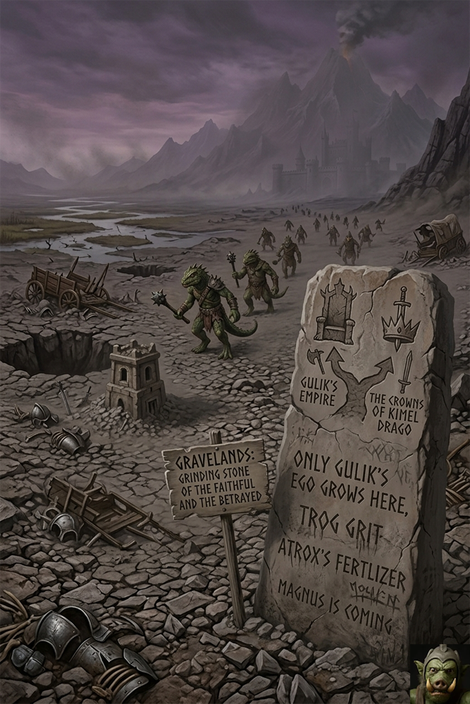A vertical shot of a rocky wasteland. In the foreground, a large cracked tombstone displays icons of a throne and a broken crown, labeled "Gulik’s Empire" and "The Crowns of Kimel Drago." Text on the stone reads "Only Gulik’s ego grows here," "Trog Grit," and "Magnus is coming." Lizard-like Troglodytarum warriors march in the background toward a distant castle under a volcanic sky.