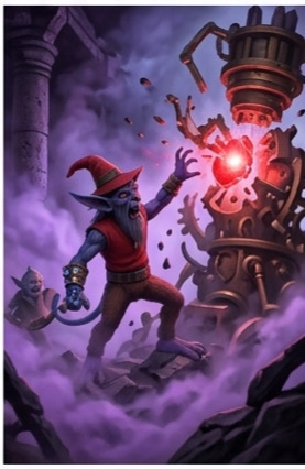 Inside a crumbling, purple-tinted stone ruin filling with magical mist, Magnus and the turbaned warrior Batu (as seen in image_31.png and image_6.png) are overwhelmed and reacting to a powerful purple electrical projection. In the upper right, Fiendish Cornelius (Gidling with large ears and red hat/vest) is suspended near a powerful red glowing Phos-Fragment, from which a large, ghostly delusion of a double-headed creature (the Wilkolach from Eligon) is emerging and roaring. The environment is actively collapsing.