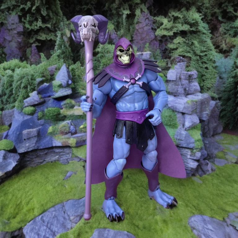 Close-up of Masterverse Skeletor's Havoc Staff with green lighting.