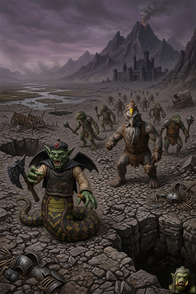 A ground-level view of the Gravelands. In the foreground stands a green-skinned Atrox with a long, coiled snake body wearing a jeweled turban and wielding an axe. Beside him is a hulking creature with the body of a man and the helmet of an owl. Behind them, a column of lizard-men march toward a fortress nestled against smoking mountains.