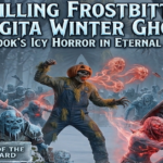 An action shot digital illustration of a ghoulish blue-skinned undead creature, with long grey hair, pouncing from a mossy rock in a snowy, ruined forest. It is lunging towards two shocked knights in full plate armor on the right.