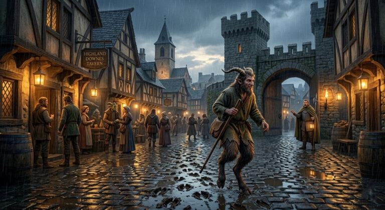 The faun happily enters the gates of the medieval village and freely wanders the streets.