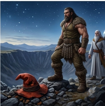 A vertical painting depicting Magnus Adamanteus (muscle-bound human warrior), Ivar Brun (armored dwarf with axe and horned helmet), and a White Wizard with a glowing staff, standing at the edge of a massive rocky crater under a dark starry sky. The ground near Magnus is cracked and a single, charred, red Gidling cap lies in the rubble, a faint plume of smoke rising from it. Distant, rugged mountains are visible across the chasm.