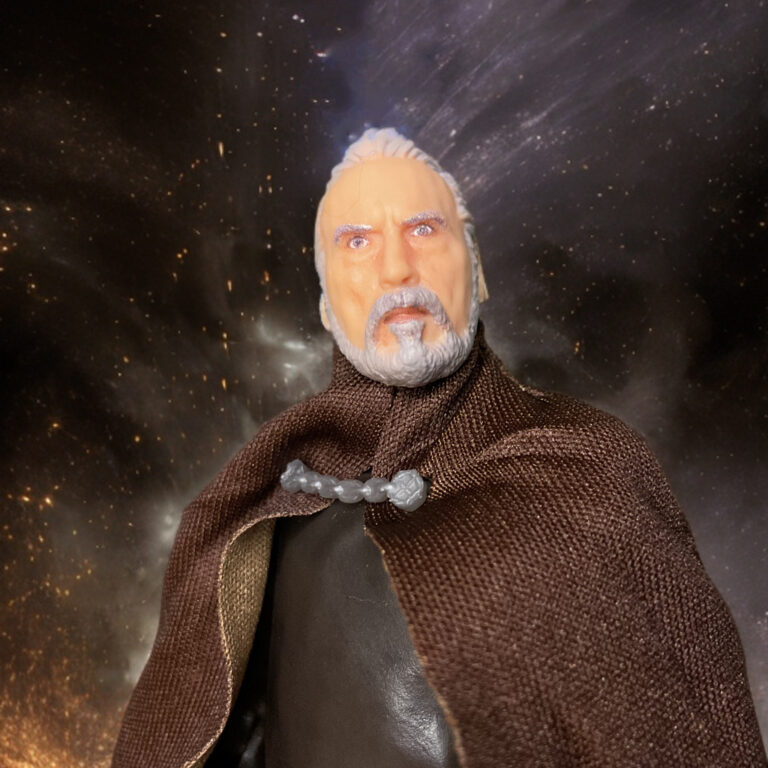 Sophistication Close-up of the Dooku figure’s face showing the detailed graying beard and sharp eyes.
