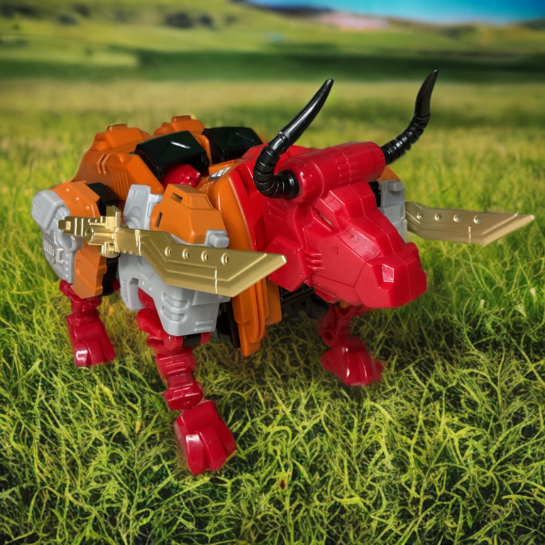 Tantrum (Bovis) bull/beast mode and robot form from Jinbao OS Predaking – left leg combiner piece with charging stance.