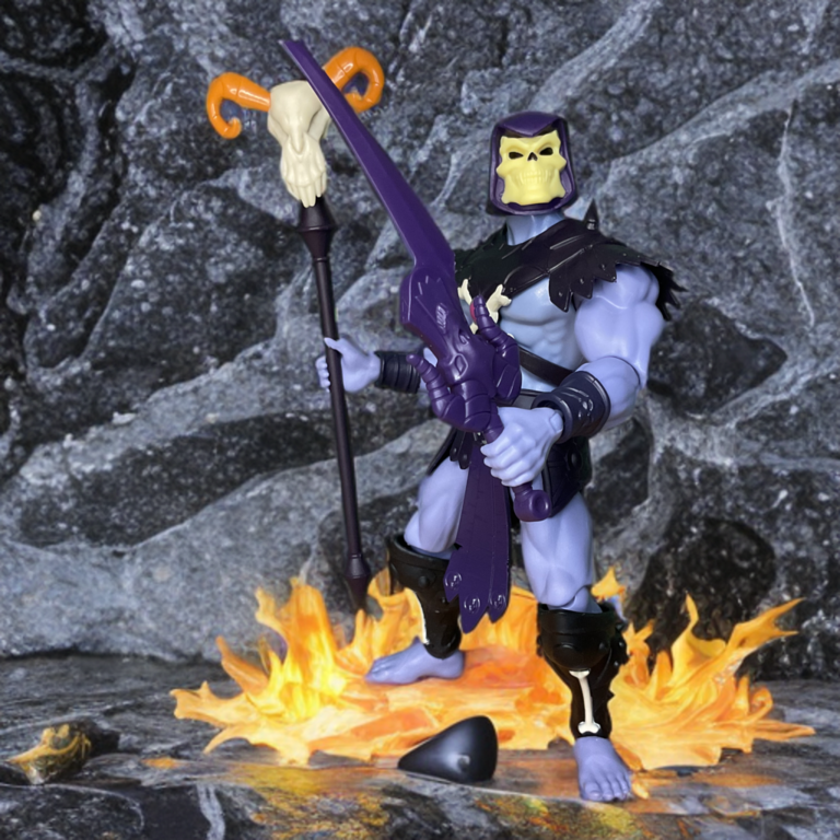 Skeletor action figure from Fantasy Action Figures standing before a Snake Mountain diorama.