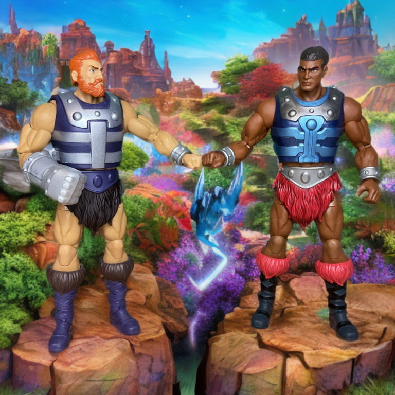 ファンタジー・アクション・フィギュアのセットで、フィストとクランプ・チャンプのフィギュアが "ガッツポーズ "をしている。.