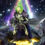 Scare Glow action figure from Masters of the Universe Chronicles line, 2026 Walmart exclusive, posed with Scythe of Doom and glowing green flame effects around his skull, standing on a dark display base.