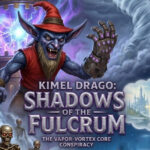 A fantasy art poster with textured title text: "KIMEL DRAGO: SHADOWS OF THE FULCRUM" and subtitle "THE VAPOR-VORTEX CORE CONSPIRACY." On the left, a blue-skinned Gidling with large ears (Fiendish Cornelius) and a red cap/vest, has his left arm clad in a complex, multi-clawed brass and copper gauntlet (the Mass-Mangler Gauntlet). In the background, a large machine and swirling purple lightning are present, along with three skeletal warriors. On the right, a thought bubble contains an illustration of a distant city (Sorghel) with a large golden shield floating over it. Gidling standard-bearers signal in the misty background.