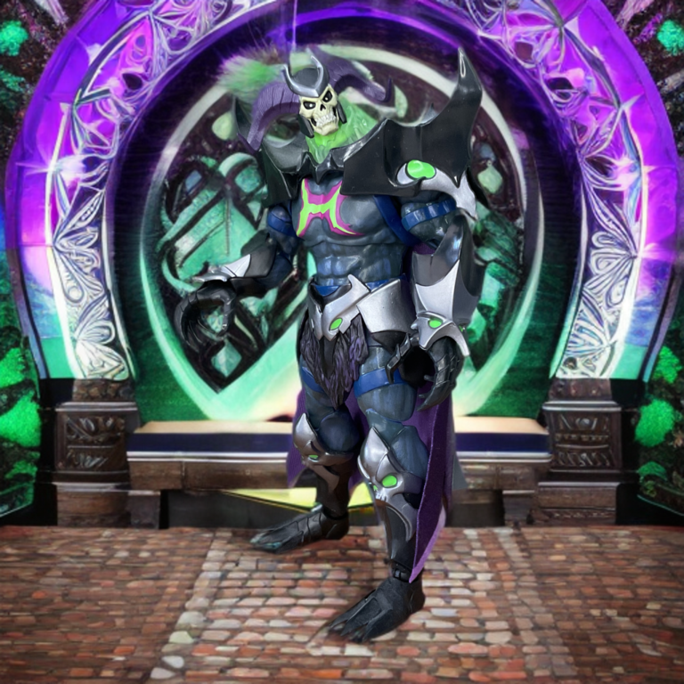 Skelegod Masterverse figure in a victory pose on a diorama.