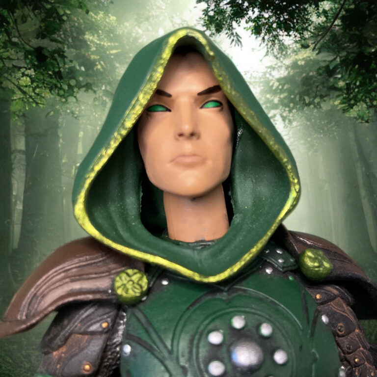 Hooded head sculpt for Mythic Legions Elf Ranger in Xylona’s Flock style.