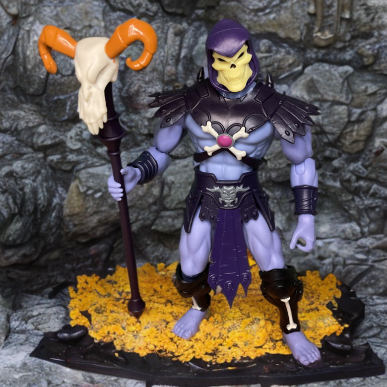 Close-up of the purple ram-head staff accessory for the 2026 Skeletor figure.