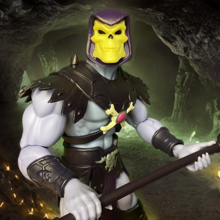 Macro shot of 2026 Origins Skeletor head showing the 200X era floating skull design.