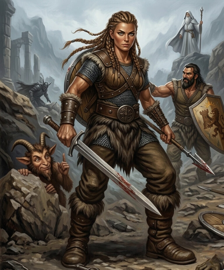 A fantasy illustration of Galuonda Hullhalah, a tall female warrior with braided hair and leather armor, leading Magnus Adamanteus, Nithramous the White, and Bramblehorn the Faun through a rugged, rocky canyon.