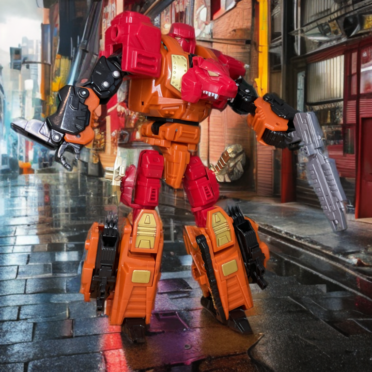 Rampage (Tigris) robot mode from Jinbao Oversized Predaking, featuring tiger stripe detailing and blaster weapon – forms the right arm of the combiner.