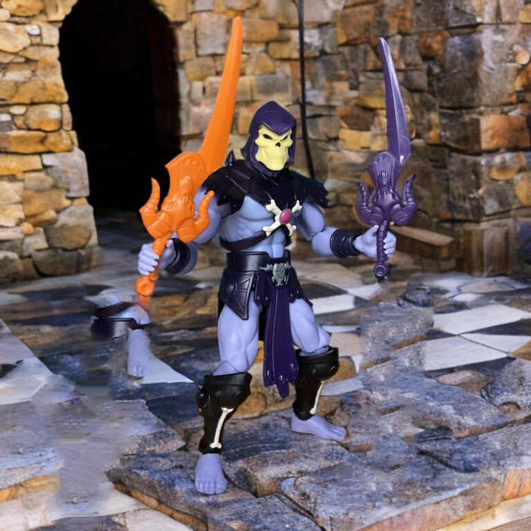Action figure holding two silver swords in a dual-wielding combat pose.