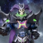Masterverse Skelegod action figure posing with the Sword of Power and glowing green magical effects.