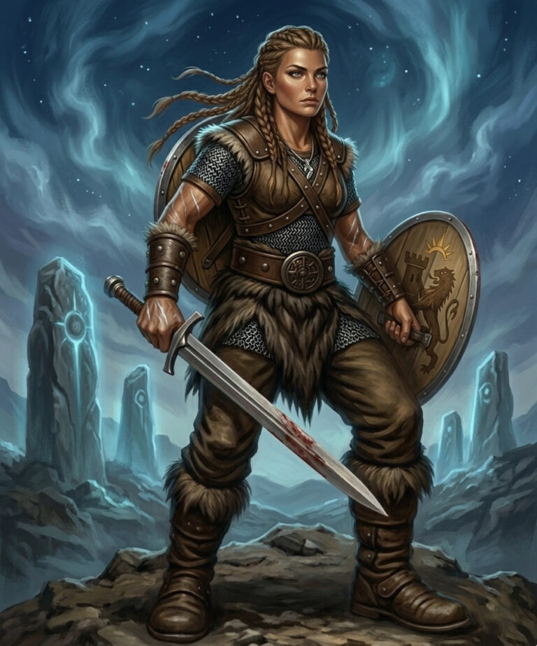 Galuonda Hullhalah stands on a misty hilltop at night surrounded by ancient standing stones. Shimmering silver scars are visible on her arms, and the atmosphere is thick with mystical blue fog and starlight.