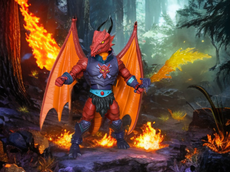 Figurine Draego-Man brandissant son épée flamboyante, prête à combattre en Eternia.
