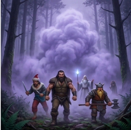 A deep-focus painting of a dense forest with tall, dark trees and a heavy, purple magical fog (the mists of Eligon).