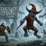A fantasy art poster for "Quest for Kimel Drago" with text "SHADOWS OF THE GIDLING" featured prominently. In the center is a menacing Gidling (creature with large ears and a red hat) named Fiendish Cornelius, flanked by a warrior with a sword, a wizard with a staff, other Gidlings, a man with a mushroom cap, and looming werewolf-like creatures in a foggy woodland.