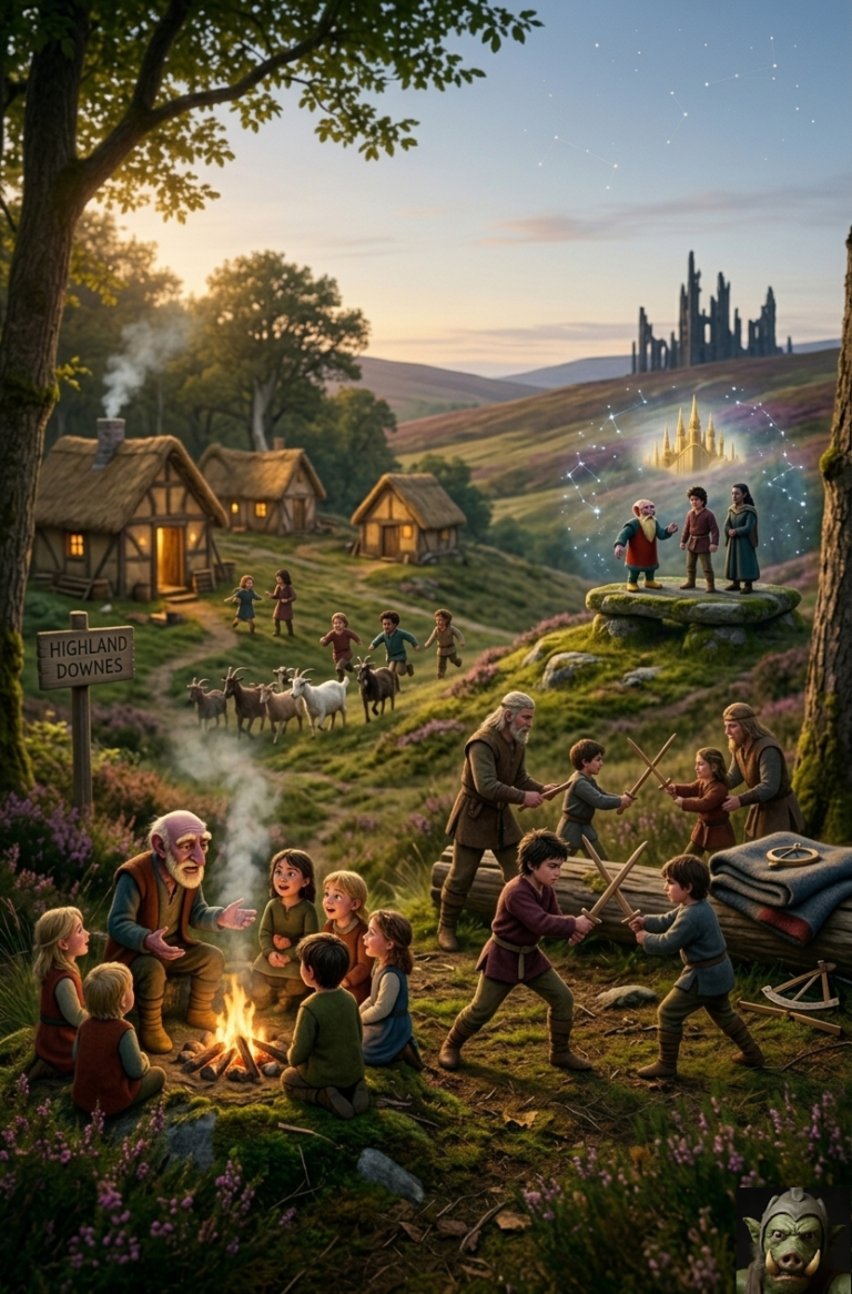 Une peinture numérique à scènes divisées montrant des enfants jouant avec des chèvres, des guerriers s'entraînant avec des bâtons, et un magicien montrant une vision magique et lumineuse d'un château à un jeune homme.