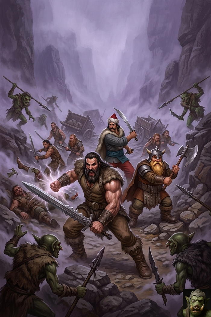 A dramatic painting of a battle taking place in a narrow, rocky chasm under a cloudy, purple-tinted sky. In the foreground, Magnus, a muscular warrior with a beard and a spiked sword, is locked in combat with a green-skinned Troglodytarum brute. Other warriors, including a armored dwarf and a man in a turban, are fighting additional brutes. In the background, supply wagons are seen, and Gidling standard-bearers signal from a ledge in the deep mist. Broken weapons and fallen warriors litter the path.