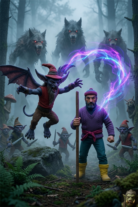 A painting of the wizard Ganzorig in a forest of gnarled trees and fog. Ganzorig, wearing a purple sweater and yellow boots, holds a wooden staff with one hand while casting purple magical bolts from the other. He is surrounded by smaller, cloaked Gidlings with swords. Ganzorig is looking toward a larger, bat-winged Gidling (Cornelius) with a red hat and vest that is diving toward him from the upper left. Werewolf-like creatures loom in the deep mist behind.