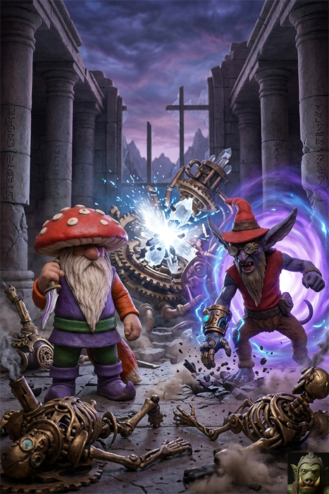 In a scene set in a stone ruin with broken pillars, a blue-skinned Gidling character (Fiendish Cornelius) in a red cap and vest, with a complex gauntlet, looks up and grimaces near a glowing electrical device. Facing him is a gnome-like figure with a red-and-white spotted mushroom cap (Agaric Folke), holding a dagger. Between them, a large electrical apparatus with gears is activated, emitting a bright blue plasma discharge. Fallen brass skeletal constructs lie on the cracked stone floor.