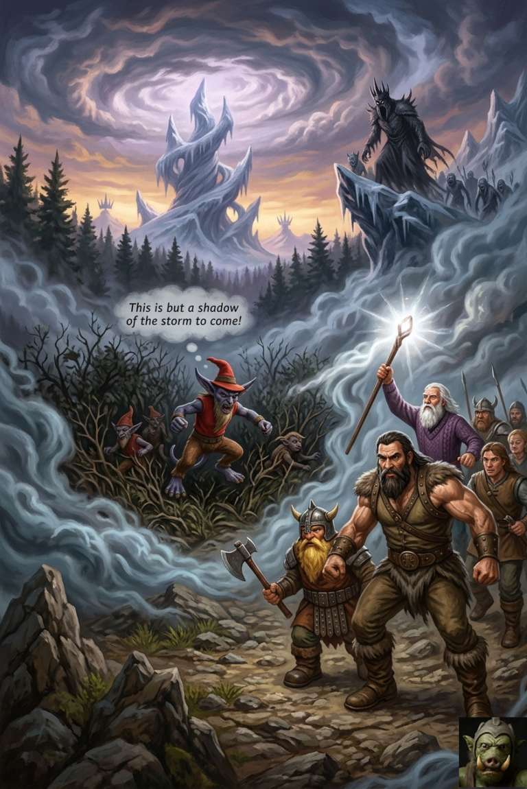 A vertical painting depicting a party of adventurers marching on a rocky trail through a dense forest. In the foreground are Magnus (a muscle-bound warrior), Ivar Brun (a armored dwarf), and a wizard, Nithramous, holding a glowing staff. The path leads toward a looming, multi-spired icy fortress on a mountain under a chaotic, swirling cloud. Gidlings are seen signaling among standard-bearers in the mist, and a thought bubble says, "This is but a shadow of the storm to come!" A skeletal knight and other ghouls are perched on an observation post to the right.