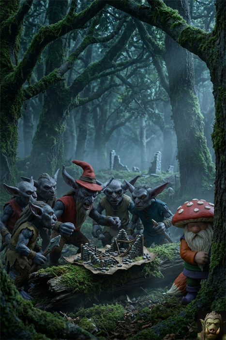 A detailed painting set in a dark, moss-covered, foggy forest. A group of Gidlings with large ears and red hats are huddled around a wooden log where they are studying a small, detailed model of the Agaric Folke glade made of rocks and twigs. They hold simple weapons. Watching them from a tree trunk to the right is the mushroom-capped gnome, Agaric Folke, with his characteristic white beard and red hat with white spots, standing near a fox-tail plant.